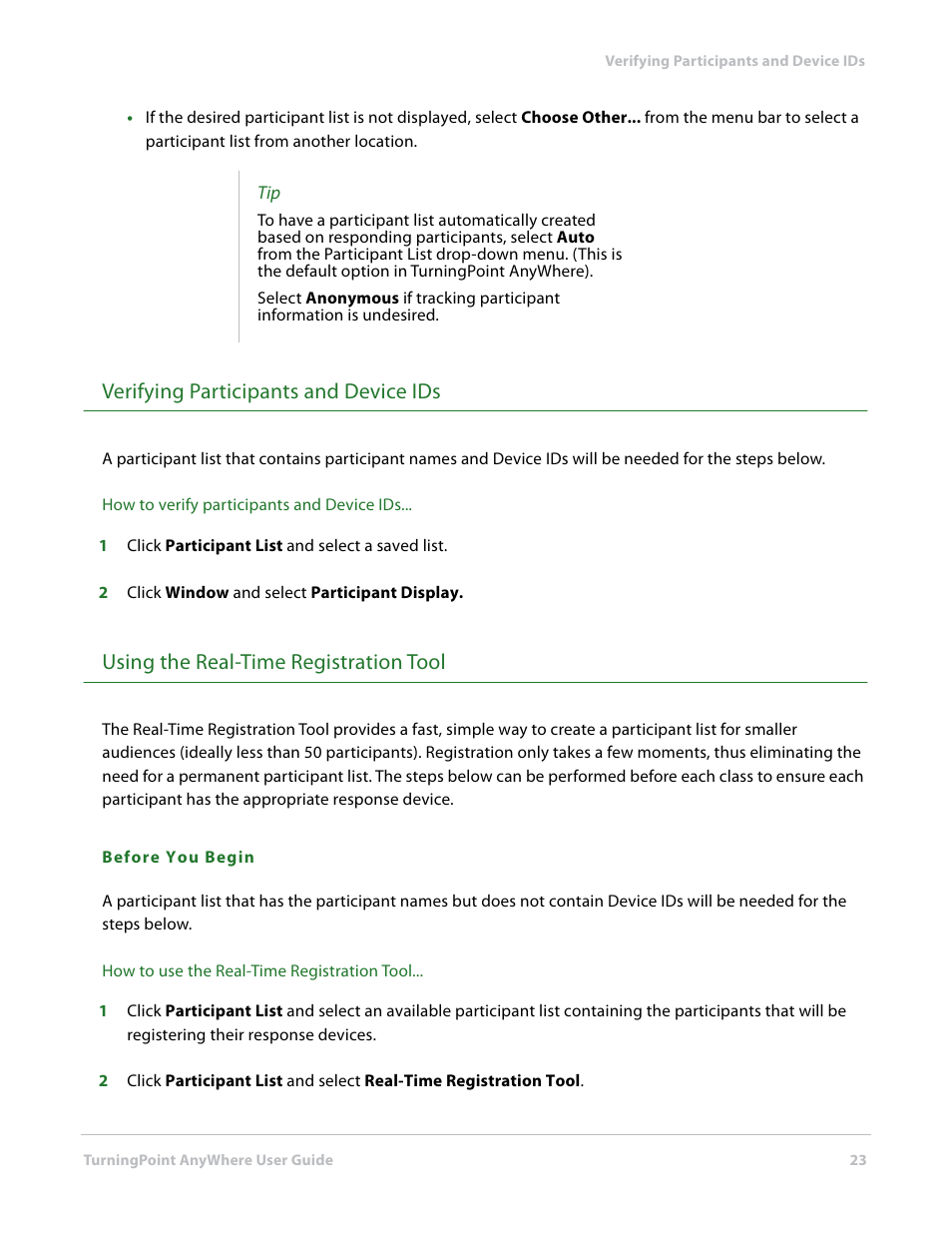 Verifying participants and device ids, Using the real-time registration tool | Turning Technologies TurningPoint AnyWhere User Manual | Page 23 / 70