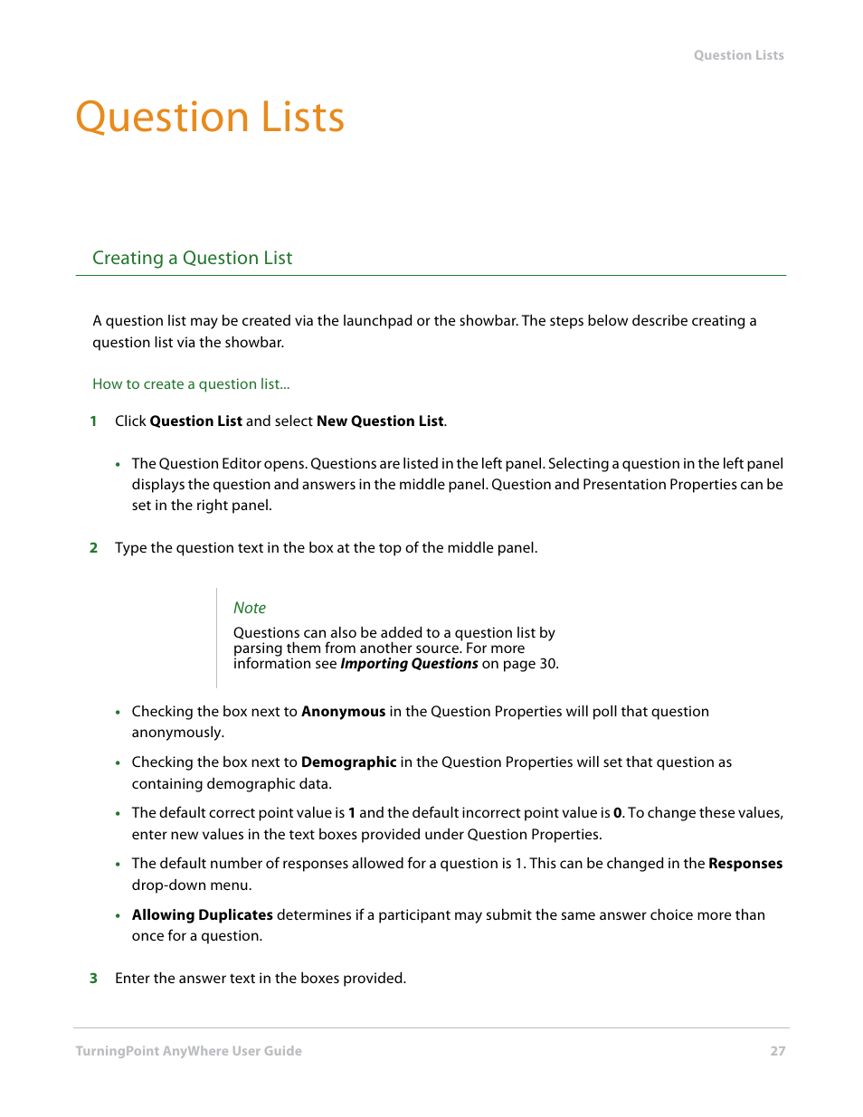 Question lists, Creating a question list | Turning Technologies TurningPoint AnyWhere User Manual | Page 27 / 70