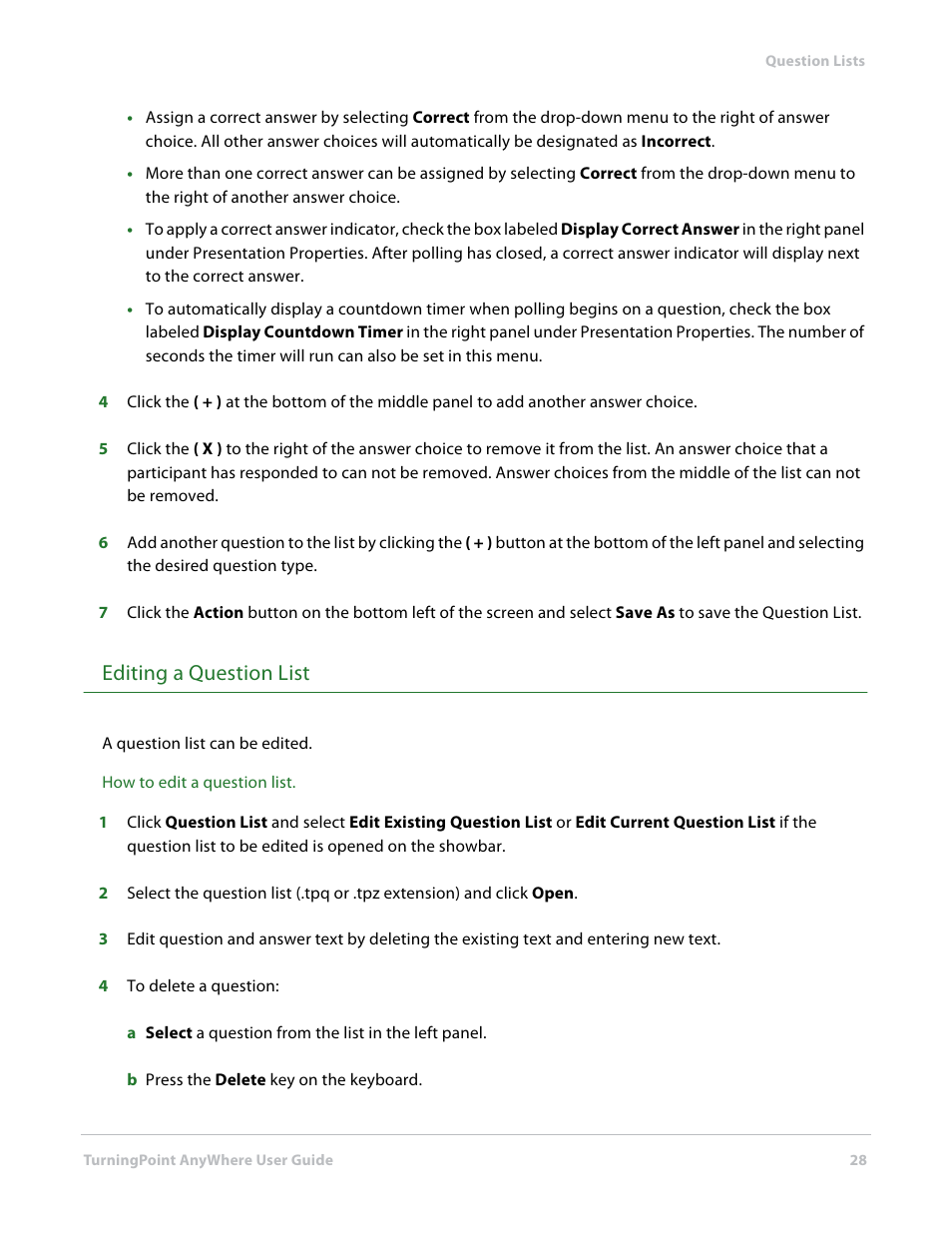 Editing a question list | Turning Technologies TurningPoint AnyWhere User Manual | Page 28 / 70