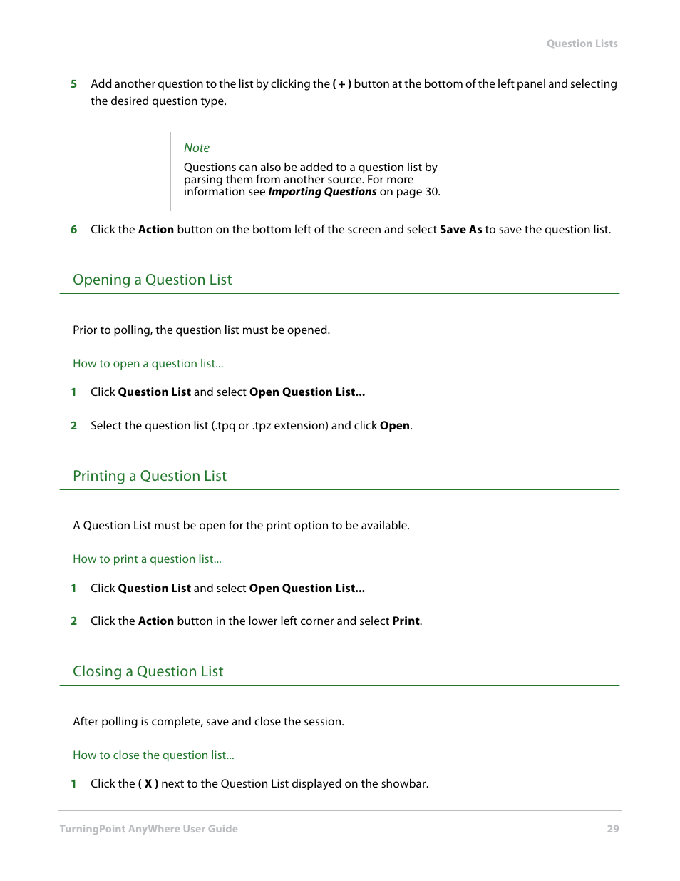 Opening a question list, Printing a question list, Closing a question list | Turning Technologies TurningPoint AnyWhere User Manual | Page 29 / 70