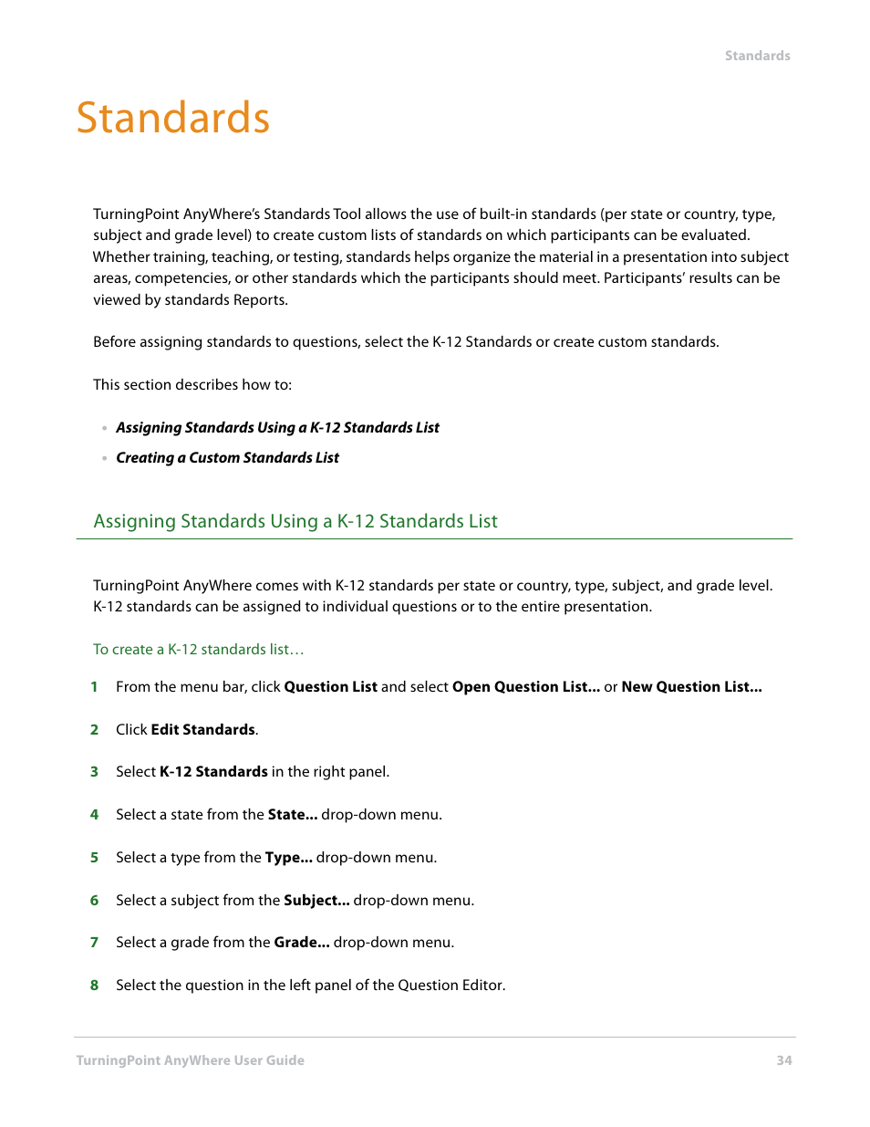 Standards, Assigning standards using a k-12 standards list | Turning Technologies TurningPoint AnyWhere User Manual | Page 34 / 70