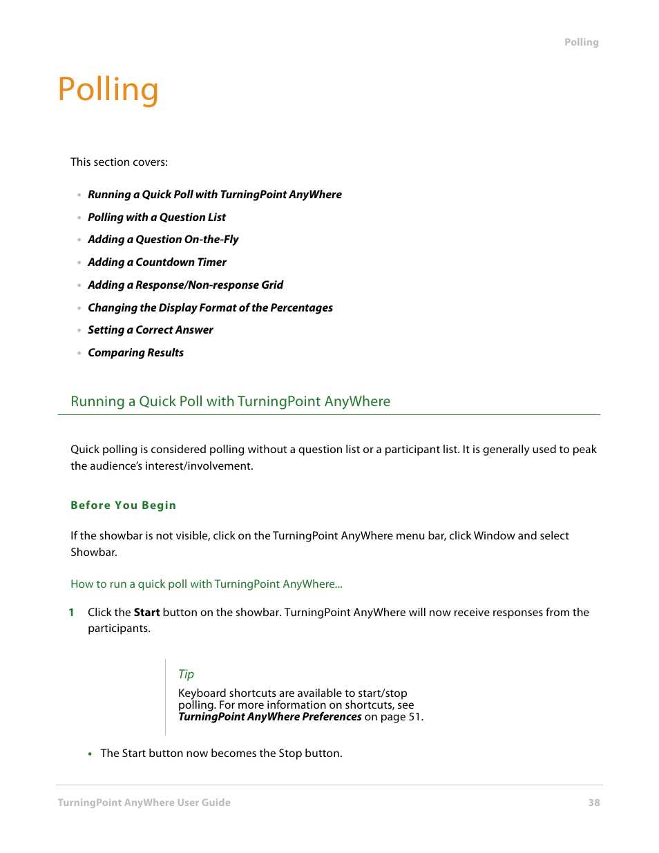 Polling, Running a quick poll with turningpoint anywhere | Turning Technologies TurningPoint AnyWhere User Manual | Page 38 / 70