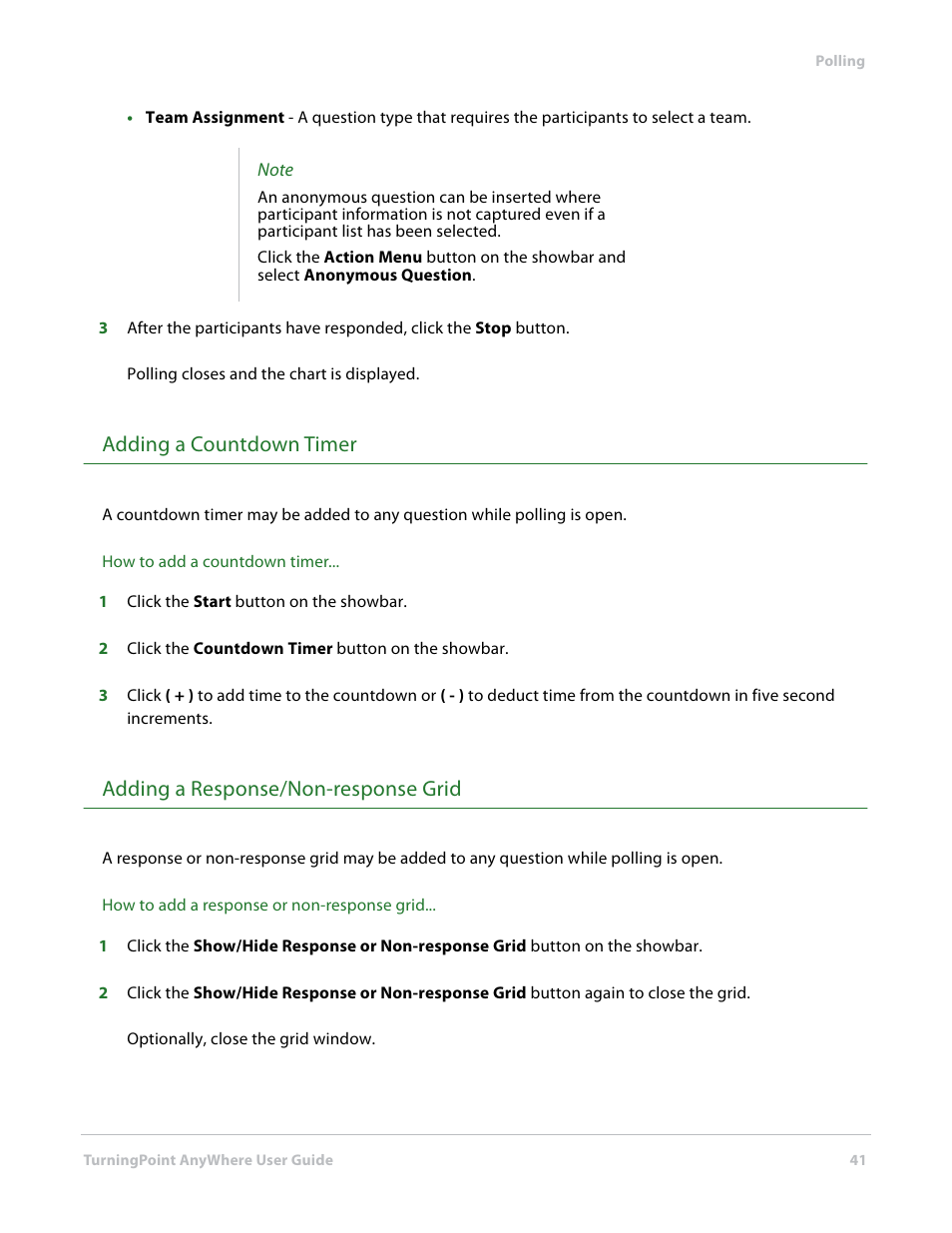 Adding a countdown timer, Adding a response/non-response grid | Turning Technologies TurningPoint AnyWhere User Manual | Page 41 / 70
