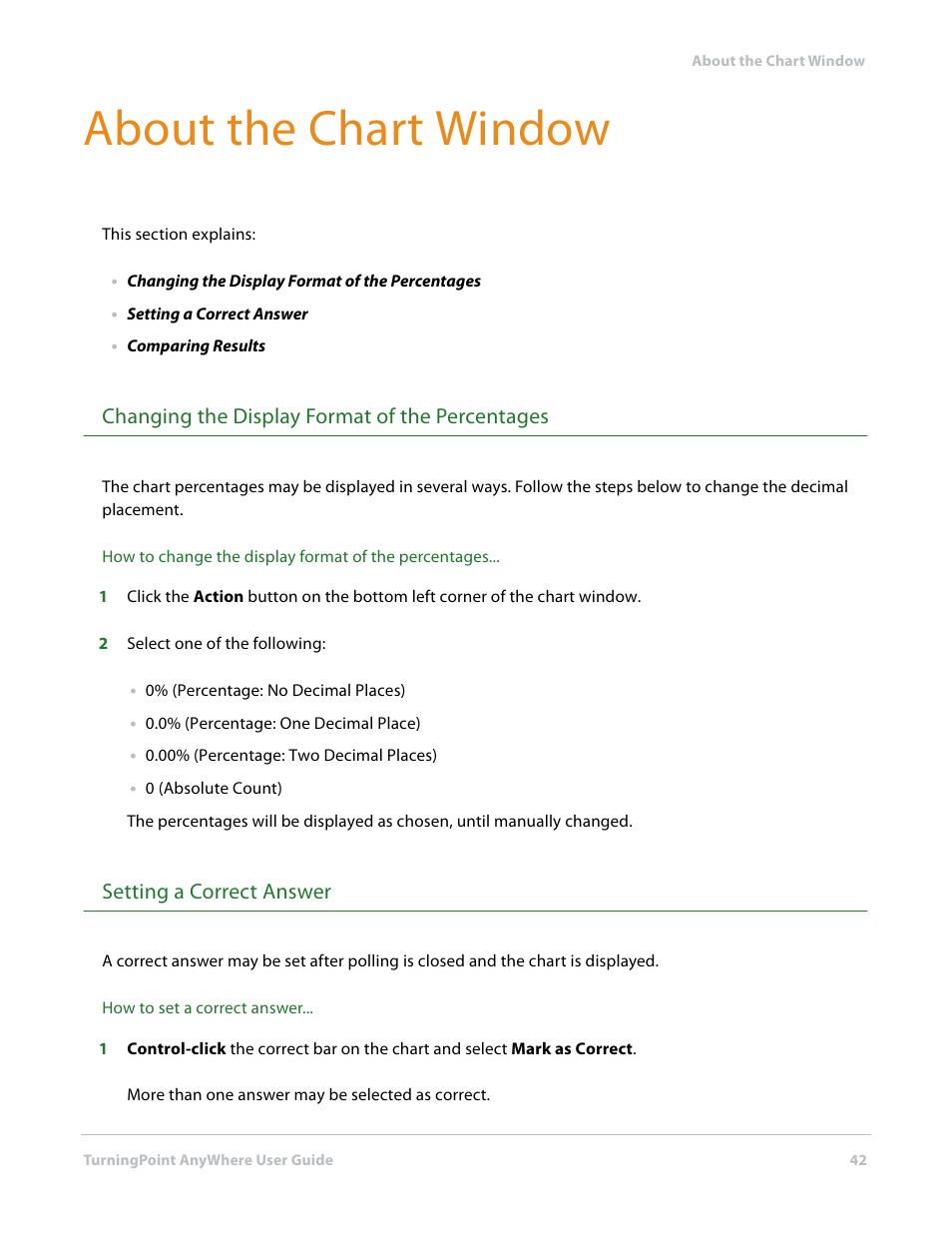 About the chart window, Changing the display format of the percentages, Setting a correct answer | Turning Technologies TurningPoint AnyWhere User Manual | Page 42 / 70