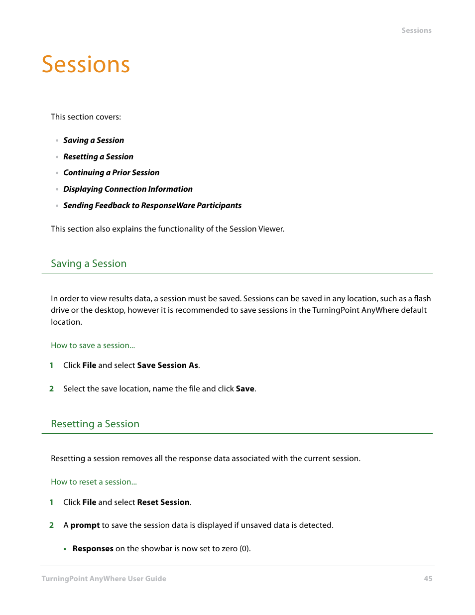 Sessions, Saving a session, Resetting a session | Saving a session resetting a session | Turning Technologies TurningPoint AnyWhere User Manual | Page 45 / 70