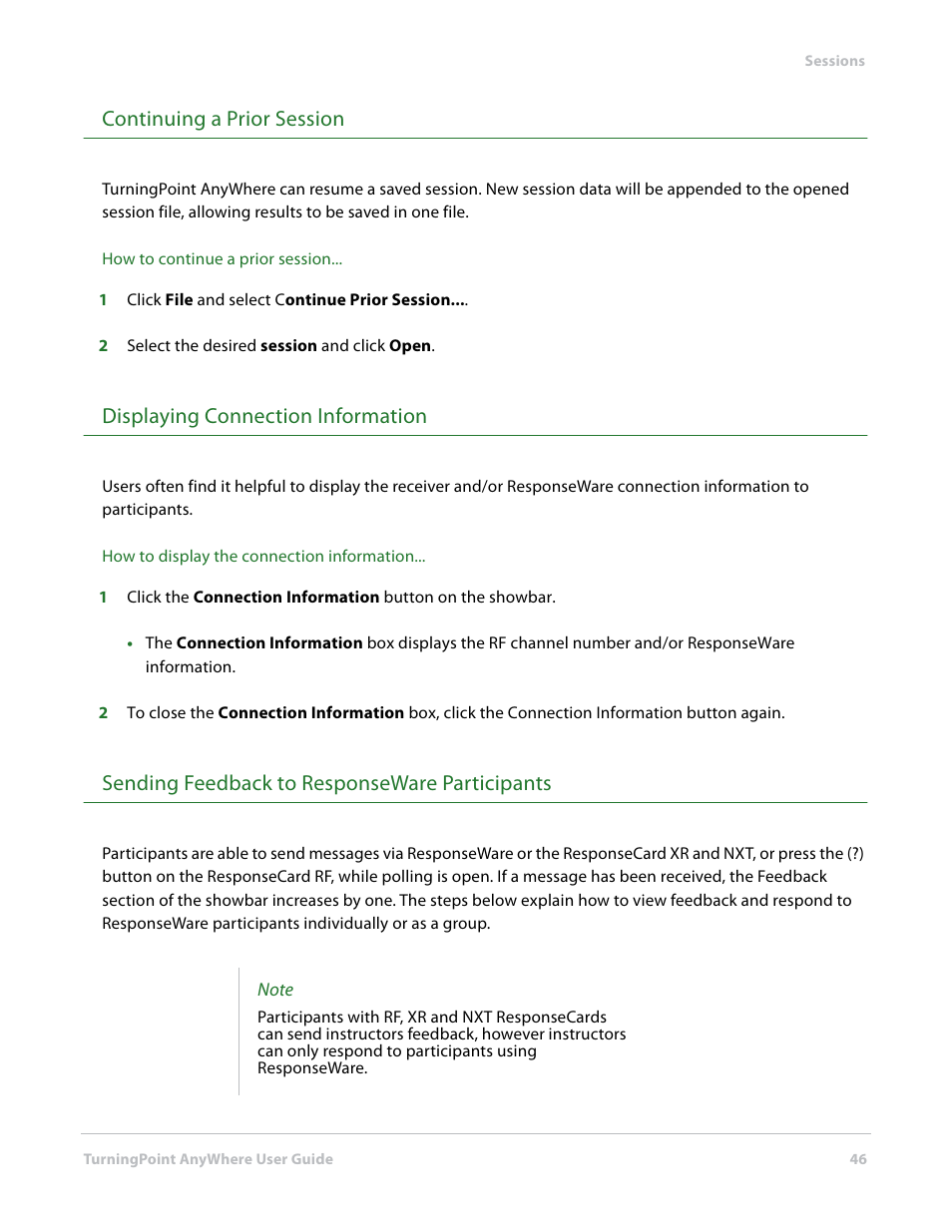 Continuing a prior session, Displaying connection information, Sending feedback to responseware participants | Turning Technologies TurningPoint AnyWhere User Manual | Page 46 / 70