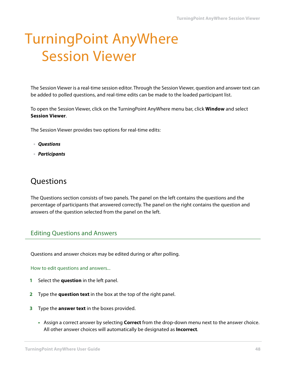 Turningpoint anywhere session viewer, Questions, Editing questions and answers | Turning Technologies TurningPoint AnyWhere User Manual | Page 48 / 70