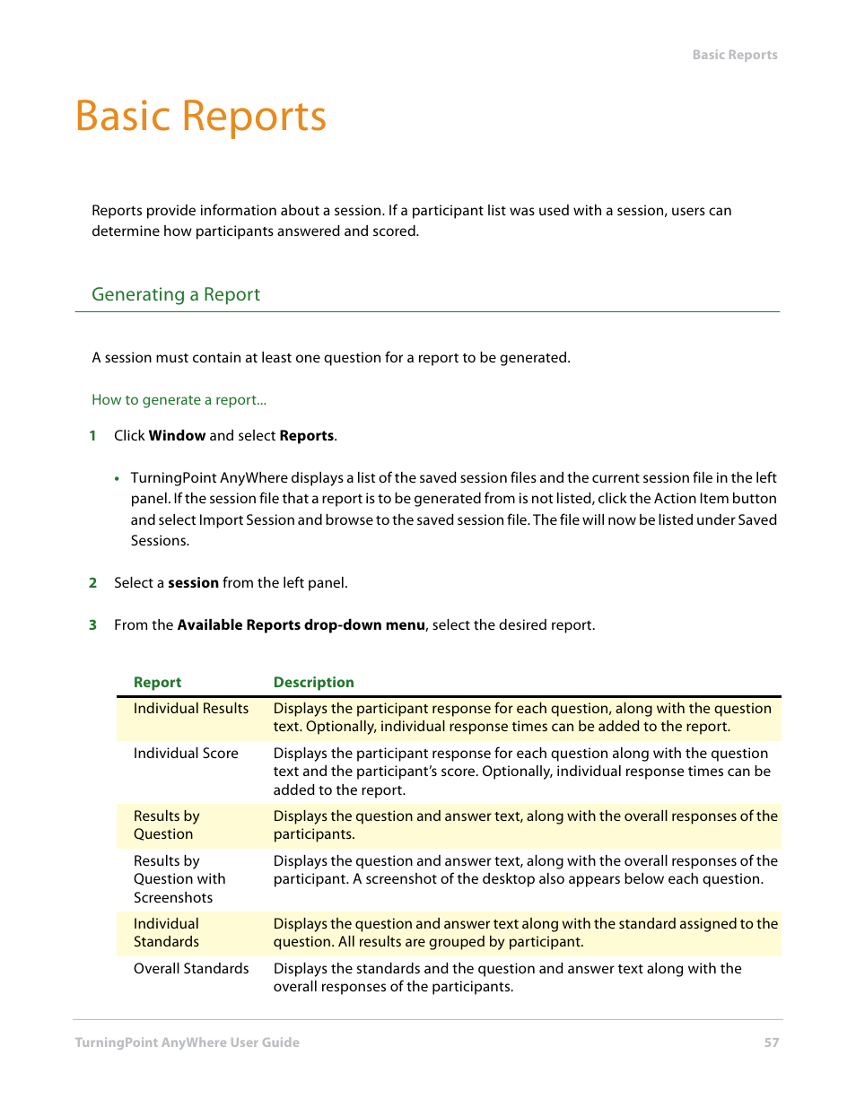 Basic reports, Generating a report | Turning Technologies TurningPoint AnyWhere User Manual | Page 57 / 70