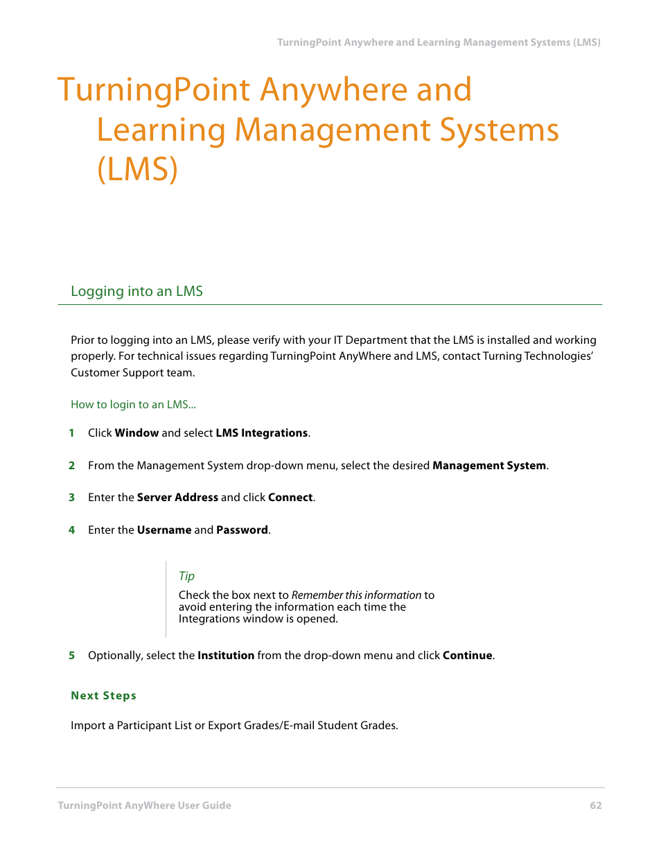 Logging into an lms | Turning Technologies TurningPoint AnyWhere User Manual | Page 62 / 70