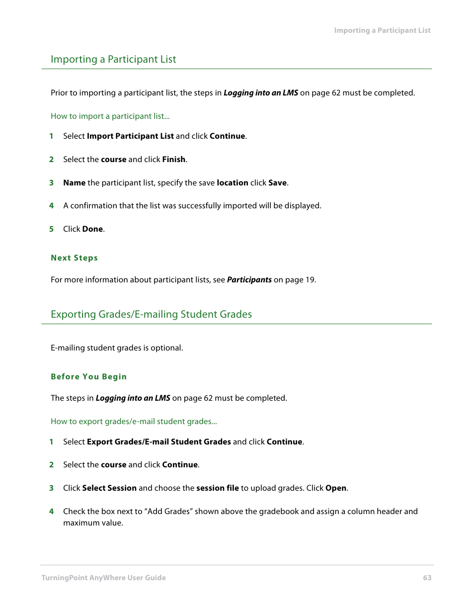 Importing a participant list, Exporting grades/e-mailing student grades | Turning Technologies TurningPoint AnyWhere User Manual | Page 63 / 70