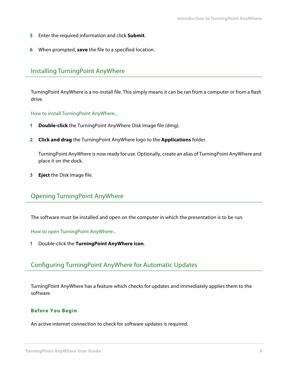 Installing turningpoint anywhere, Opening turningpoint anywhere | Turning Technologies TurningPoint AnyWhere User Manual | Page 9 / 70