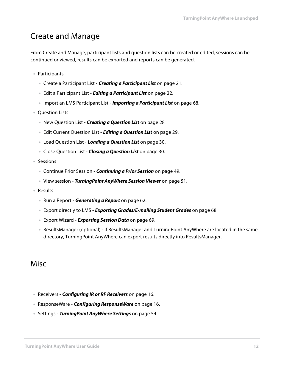 Create and manage, Misc, Create and manage misc | Turning Technologies TurningPoint AnyWhere User Manual | Page 12 / 76
