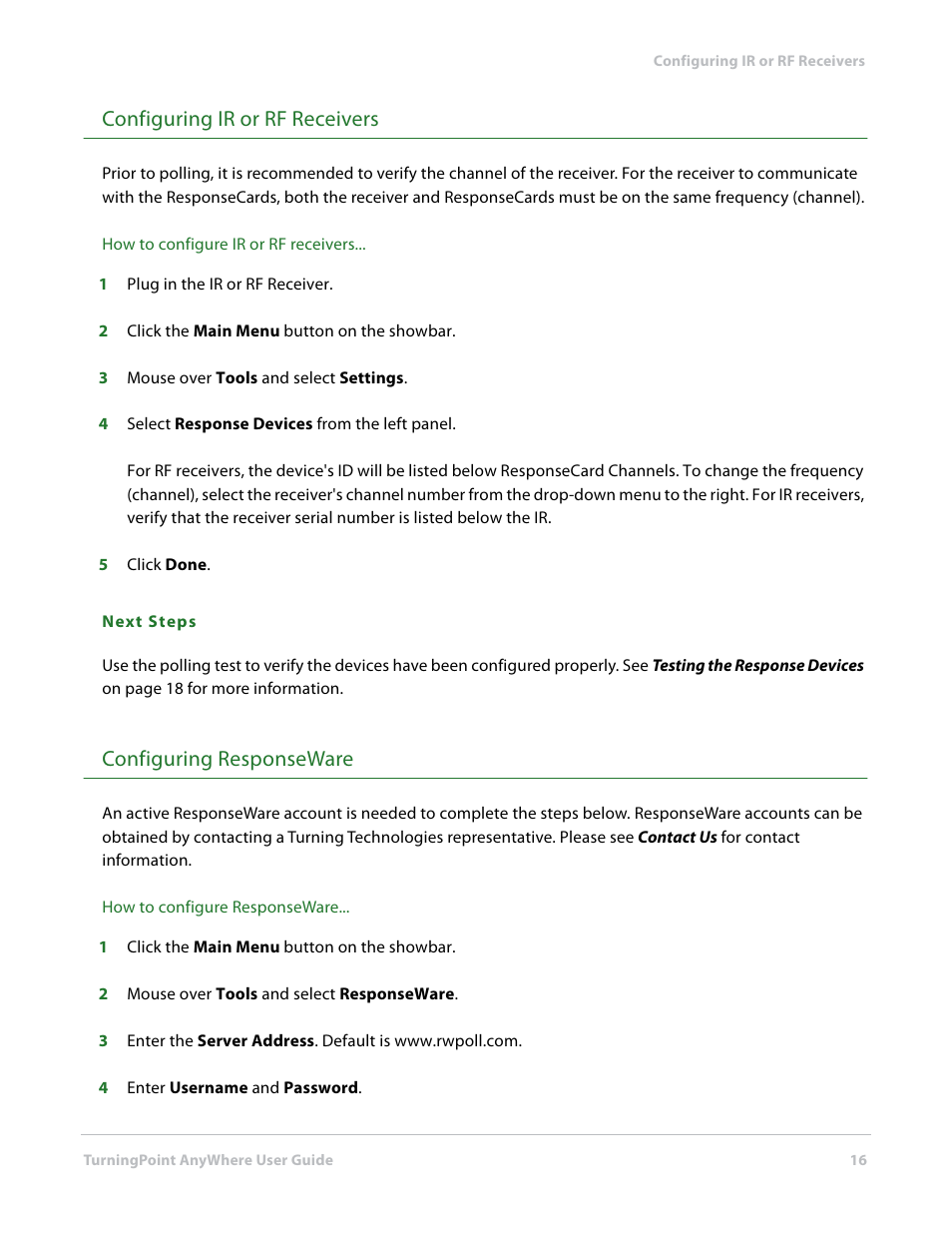 Configuring ir or rf receivers, Configuring responseware | Turning Technologies TurningPoint AnyWhere User Manual | Page 16 / 76