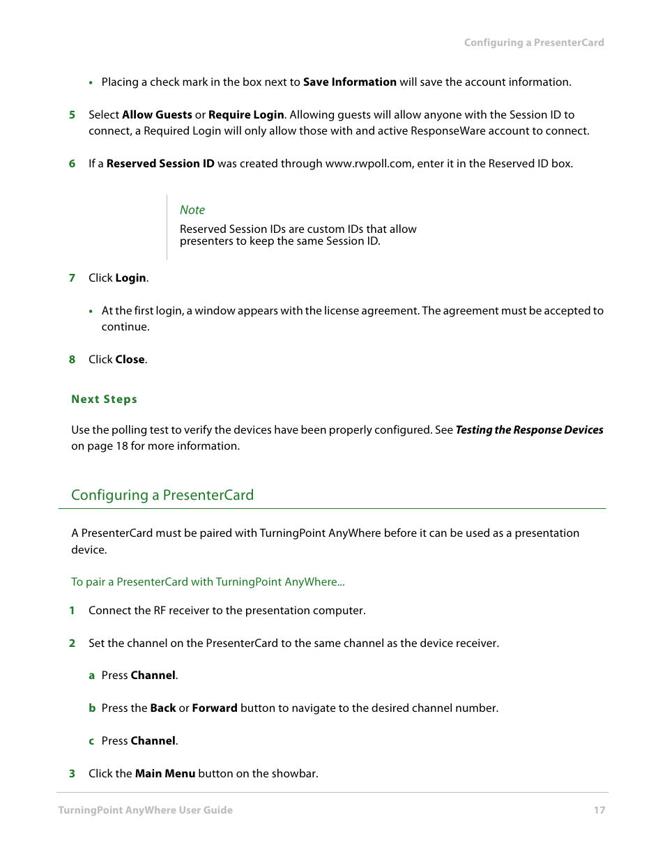 Configuring a presentercard | Turning Technologies TurningPoint AnyWhere User Manual | Page 17 / 76