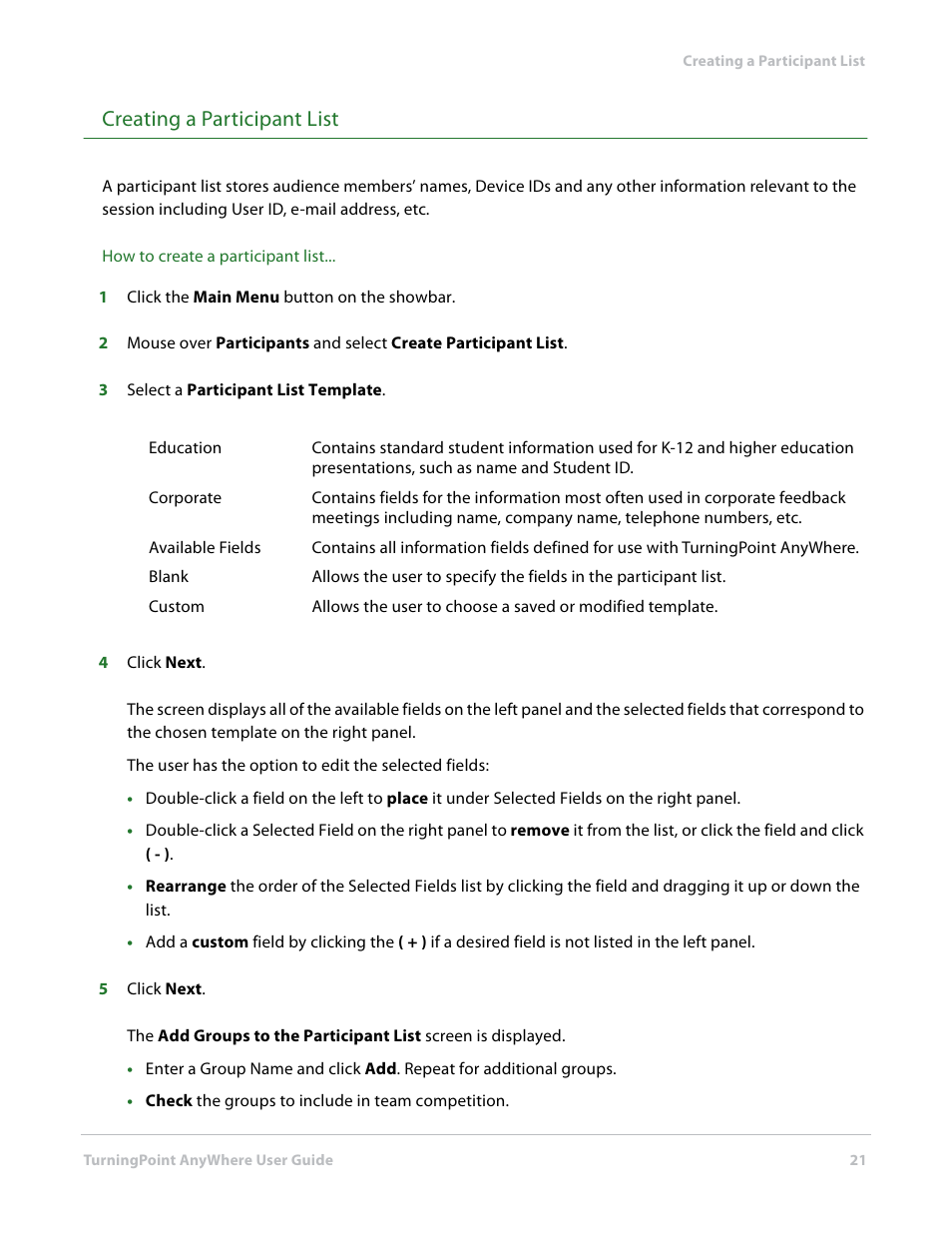 Creating a participant list | Turning Technologies TurningPoint AnyWhere User Manual | Page 21 / 76
