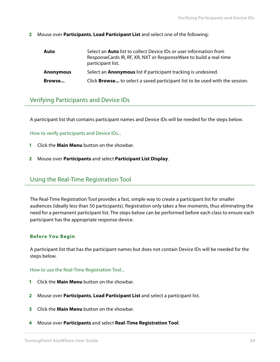 Verifying participants and device ids, Using the real-time registration tool | Turning Technologies TurningPoint AnyWhere User Manual | Page 24 / 76