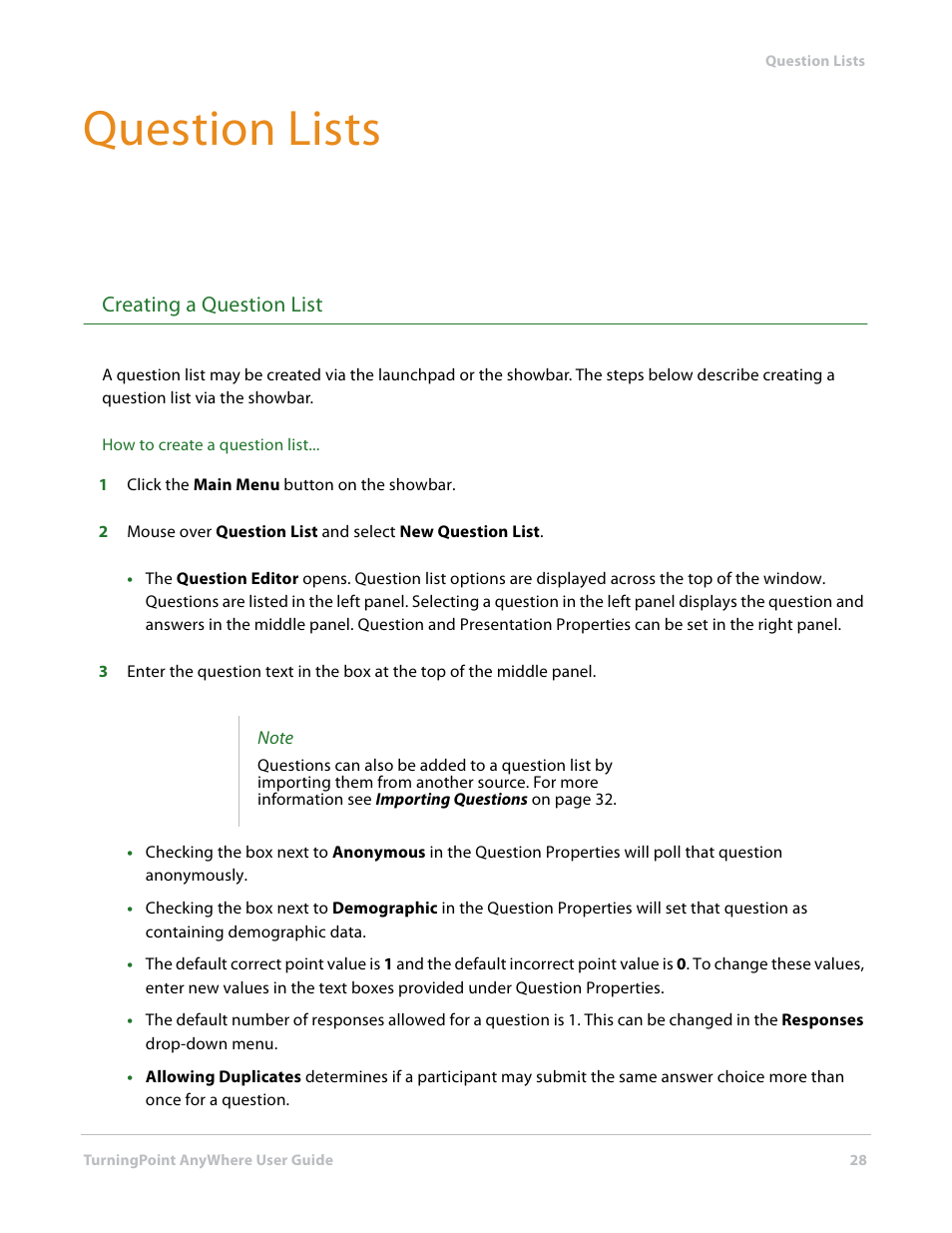 Question lists, Creating a question list | Turning Technologies TurningPoint AnyWhere User Manual | Page 28 / 76