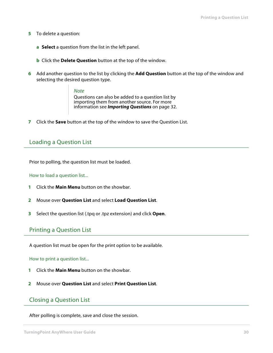 Loading a question list, Printing a question list, Closing a question list | Turning Technologies TurningPoint AnyWhere User Manual | Page 30 / 76