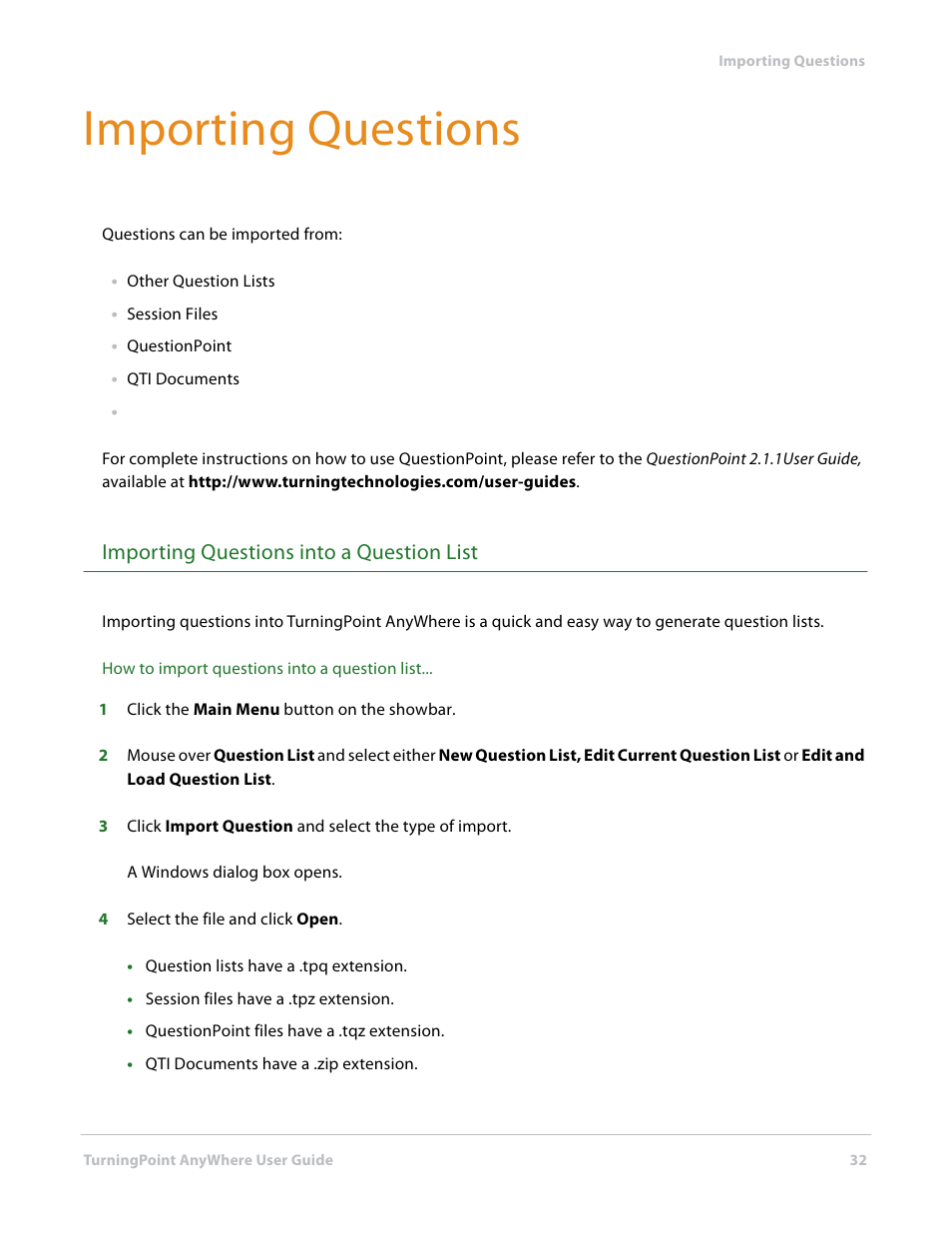 Importing questions, Importing questions into a question list | Turning Technologies TurningPoint AnyWhere User Manual | Page 32 / 76