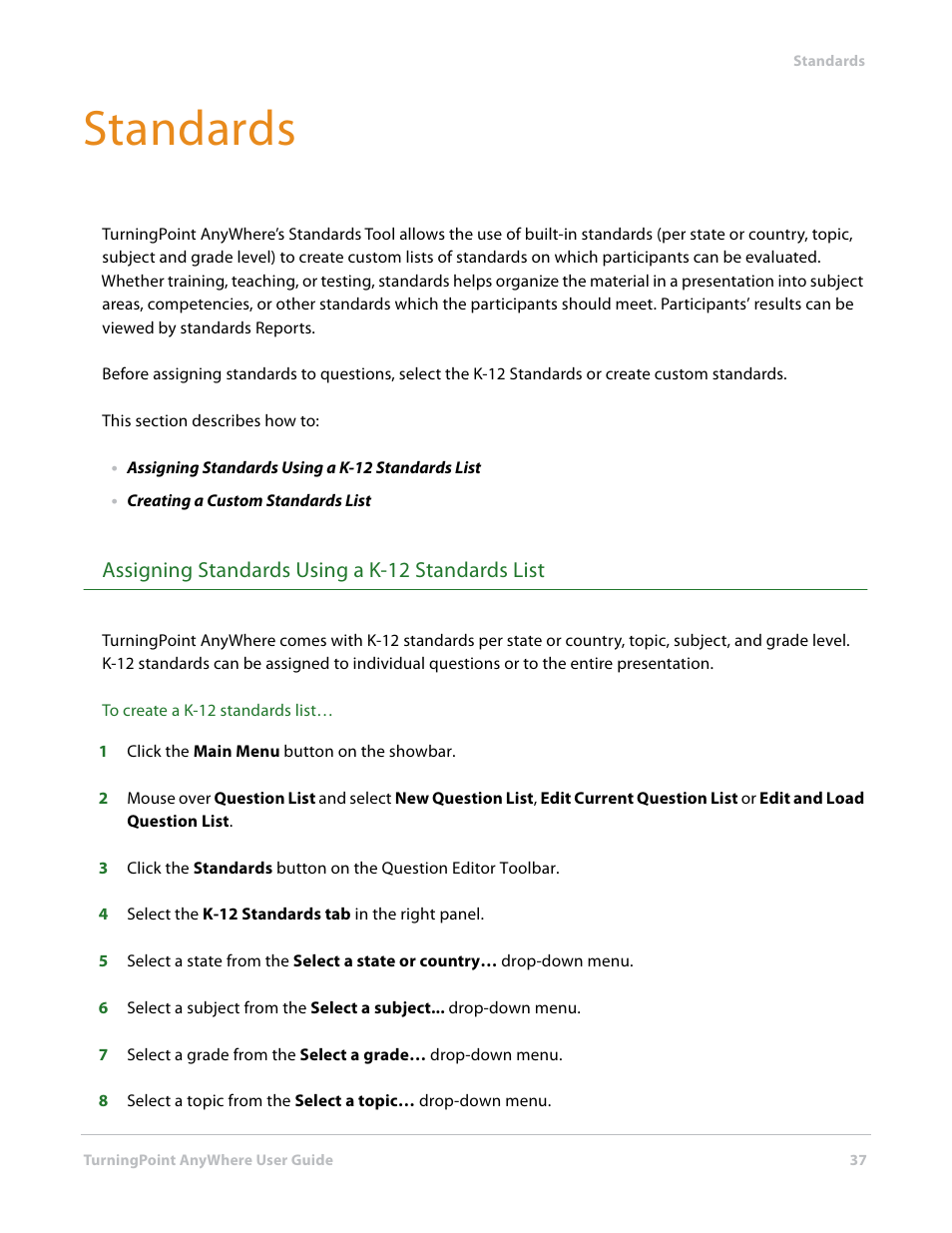 Standards, Assigning standards using a k-12 standards list | Turning Technologies TurningPoint AnyWhere User Manual | Page 37 / 76