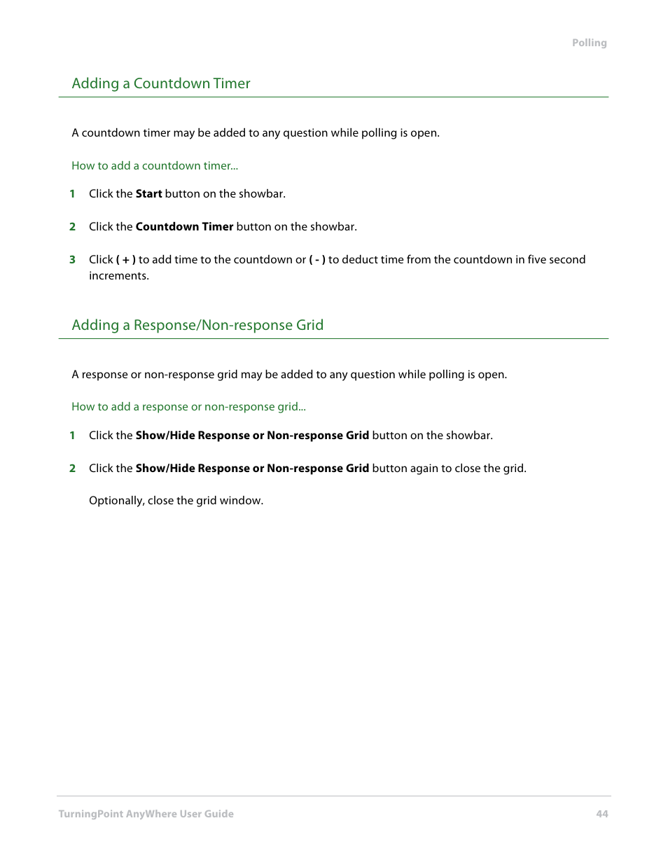 Adding a countdown timer, Adding a response/non-response grid | Turning Technologies TurningPoint AnyWhere User Manual | Page 45 / 76