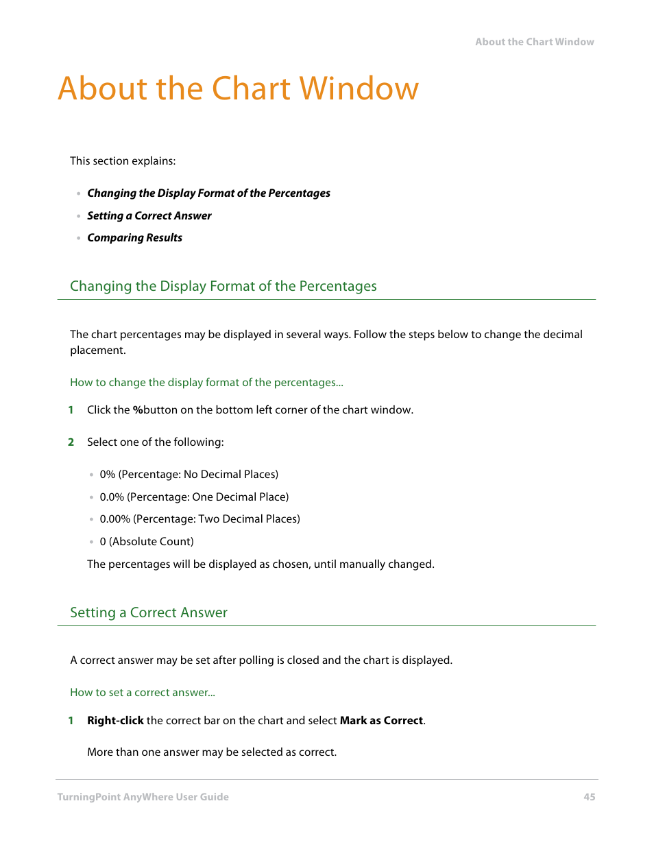 About the chart window, Changing the display format of the percentages, Setting a correct answer | Turning Technologies TurningPoint AnyWhere User Manual | Page 46 / 76