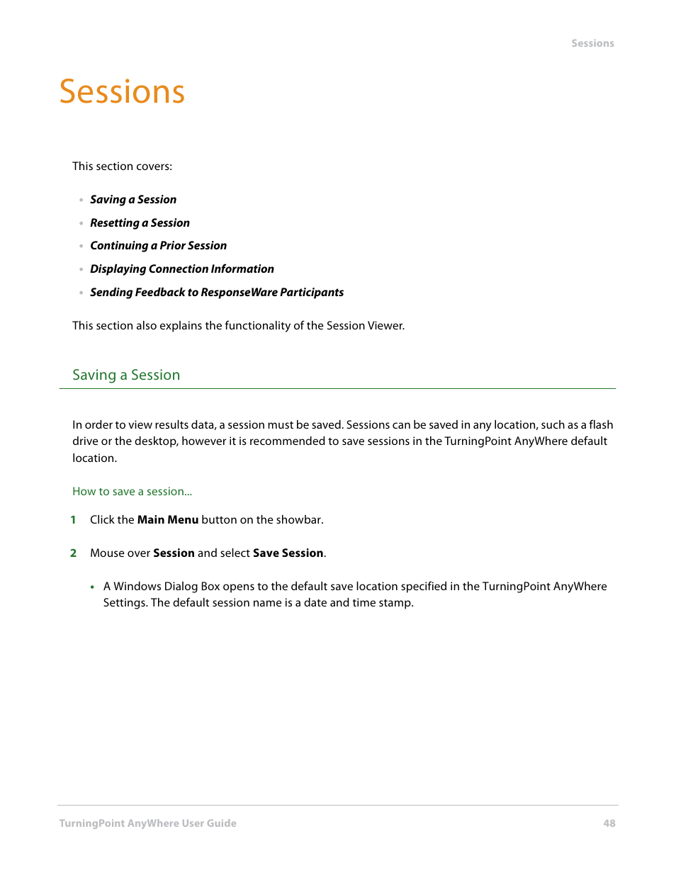 Sessions, Saving a session | Turning Technologies TurningPoint AnyWhere User Manual | Page 49 / 76