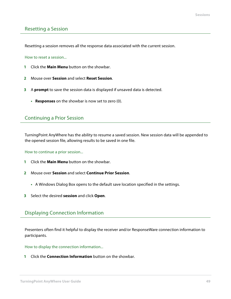 Resetting a session, Continuing a prior session, Displaying connection information | Turning Technologies TurningPoint AnyWhere User Manual | Page 50 / 76