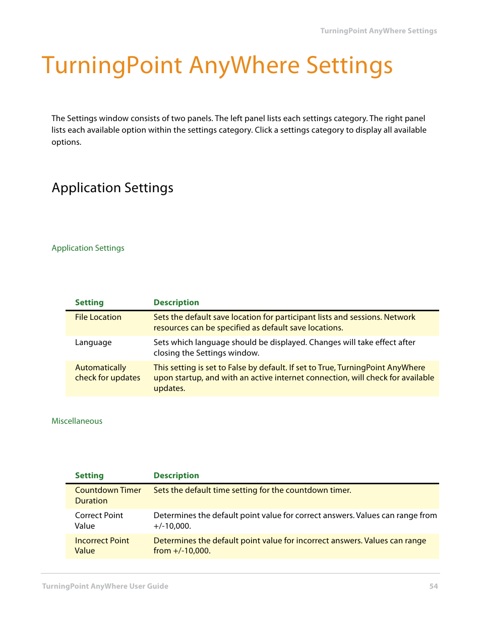 Turningpoint anywhere settings, Application settings | Turning Technologies TurningPoint AnyWhere User Manual | Page 55 / 76