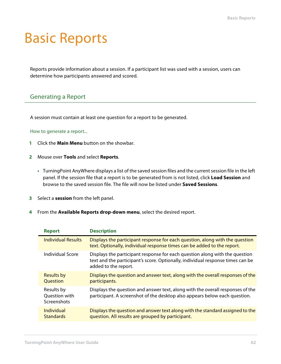 Basic reports, Generating a report | Turning Technologies TurningPoint AnyWhere User Manual | Page 63 / 76