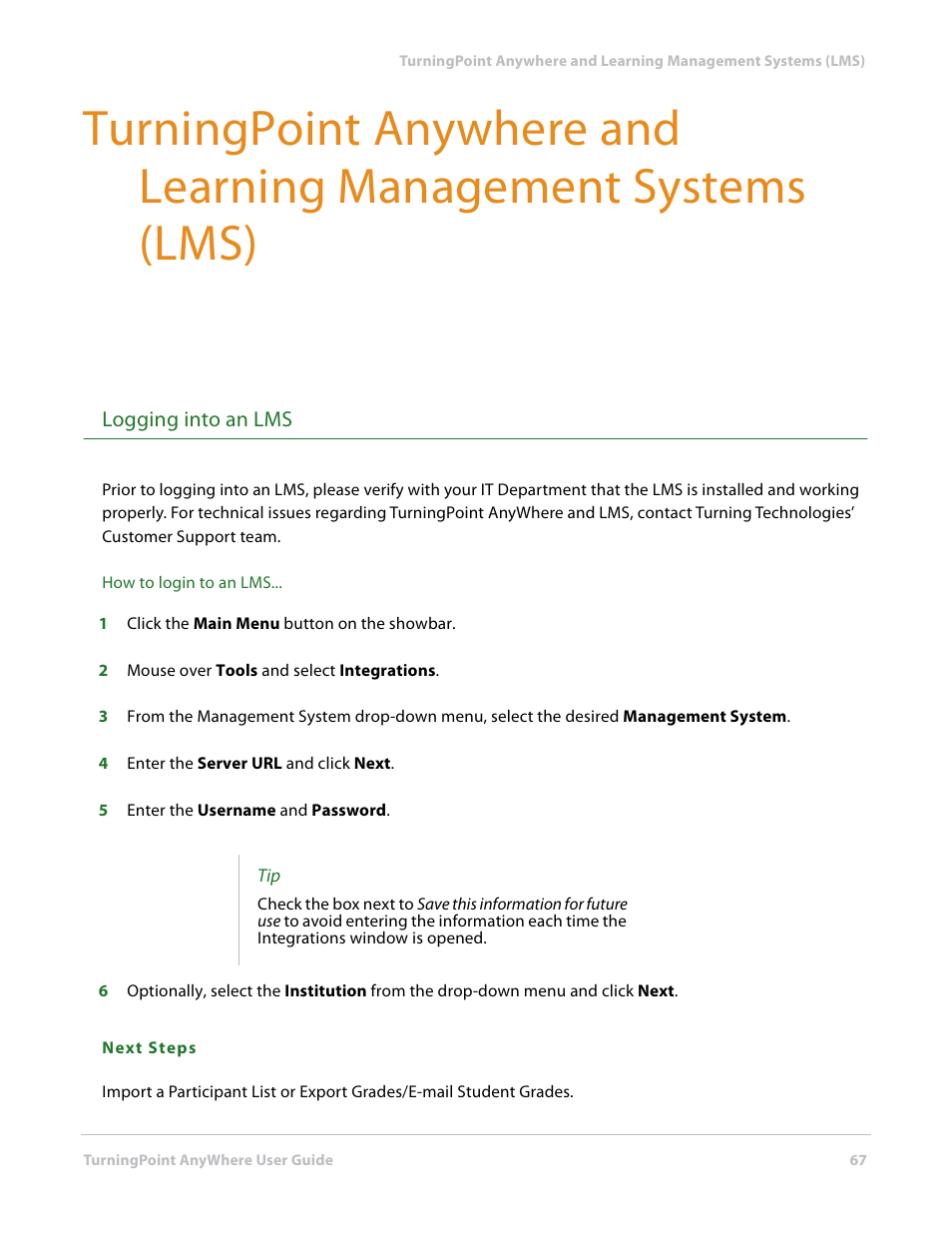 Logging into an lms, Turningpoint anywhere and, Learning management systems (lms) | Turning Technologies TurningPoint AnyWhere User Manual | Page 68 / 76