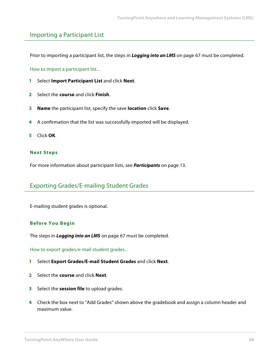 Importing a participant list, Exporting grades/e-mailing student grades | Turning Technologies TurningPoint AnyWhere User Manual | Page 69 / 76