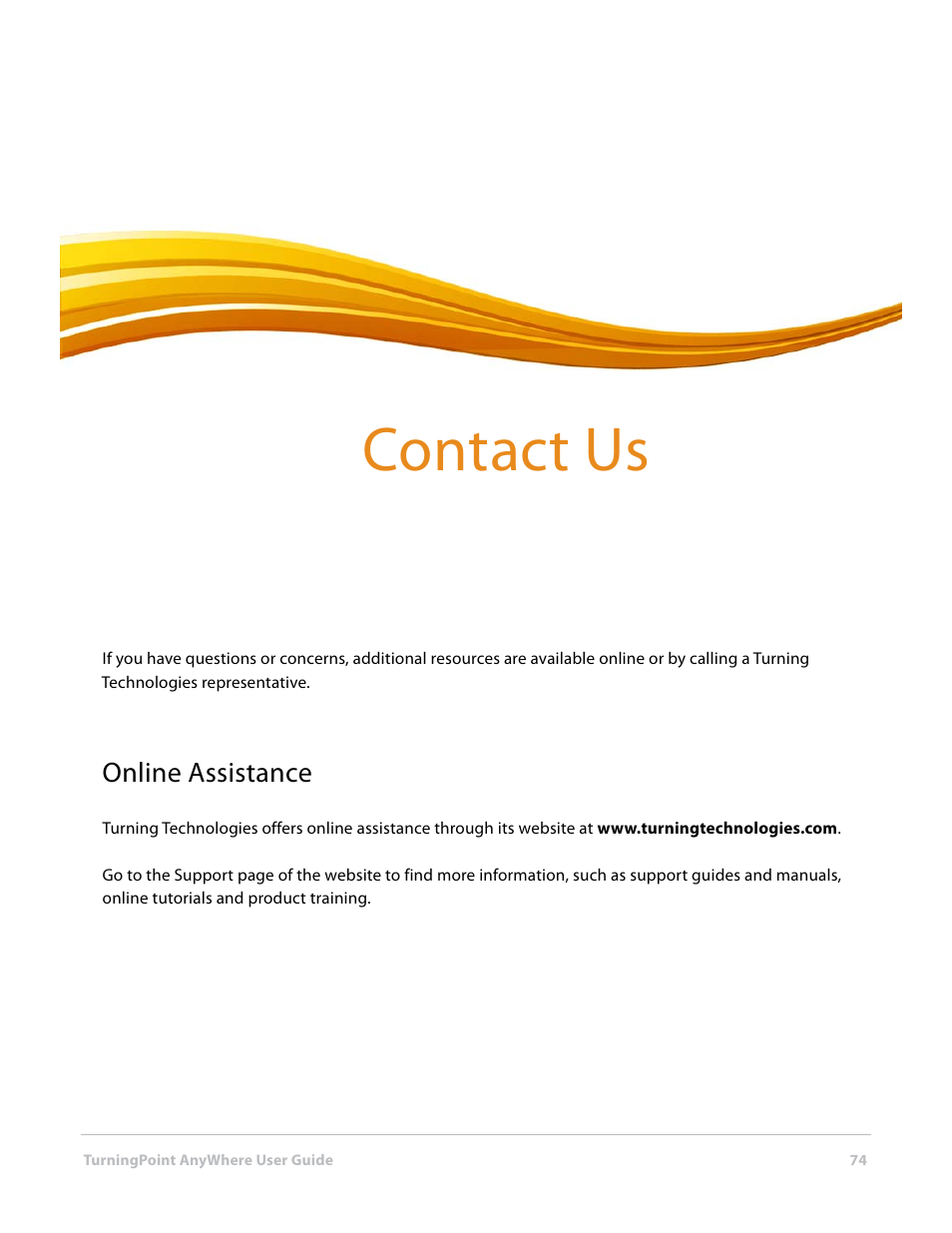 10 contact us, Online assistance, Contact us | Turning Technologies TurningPoint AnyWhere User Manual | Page 75 / 76