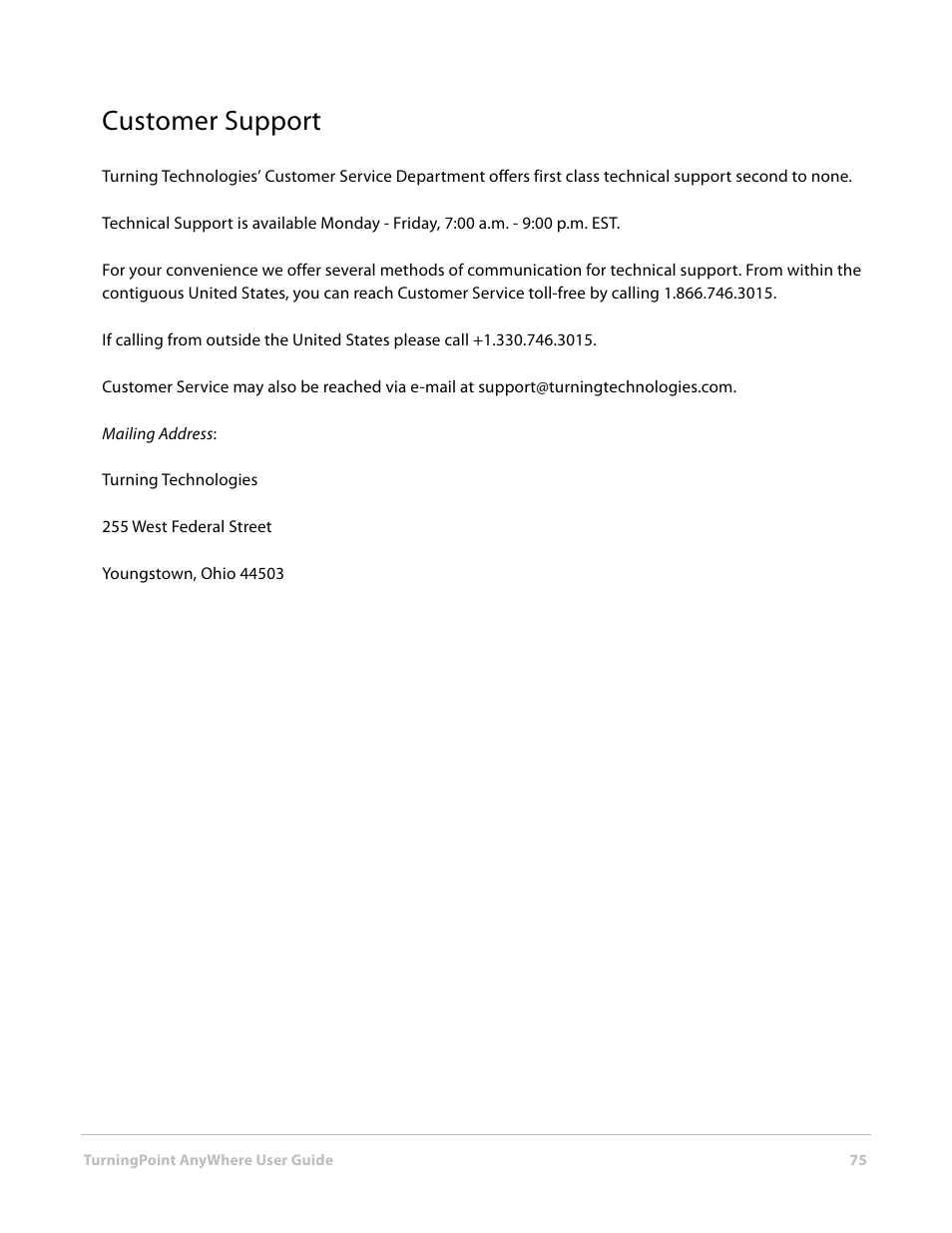 Customer support | Turning Technologies TurningPoint AnyWhere User Manual | Page 76 / 76