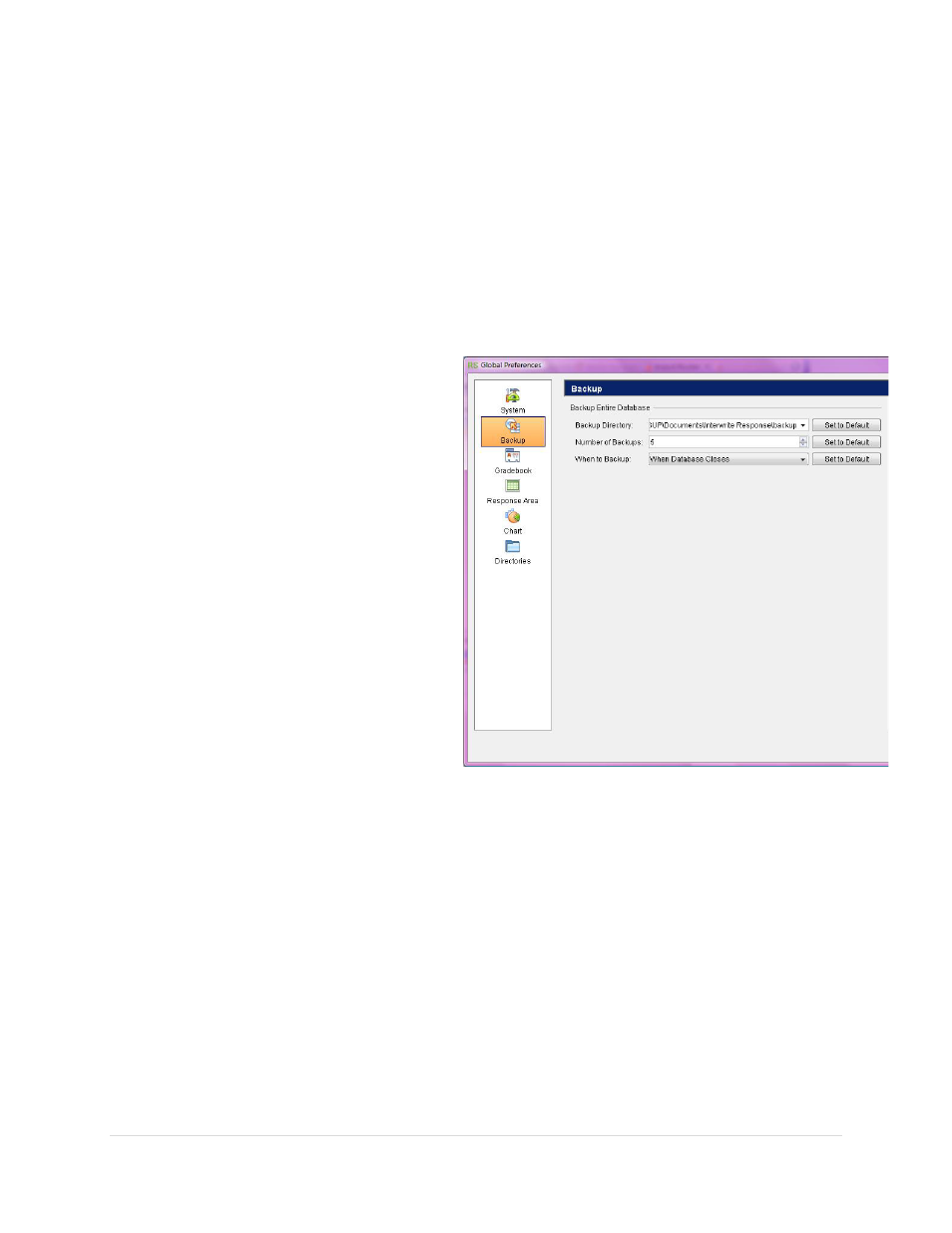 Backup preferences, Backup directory, Number of backups | Turning Technologies Response User Manual | Page 26 / 88