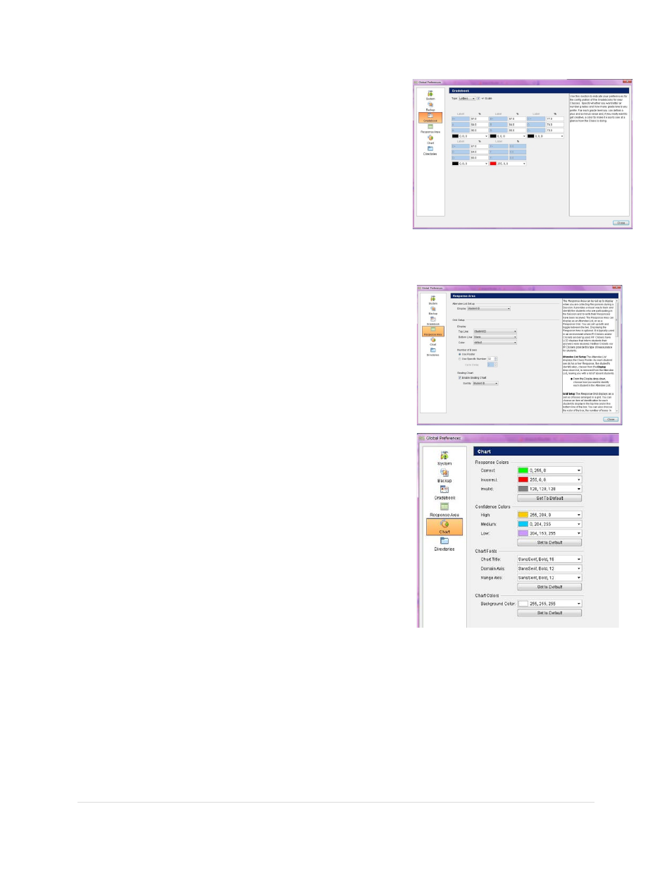 Gradebook preferences, Response area preferences, Chart preferences | Response colors, Confidence colors, Chart fonts, Chart colors | Turning Technologies Response User Manual | Page 27 / 88