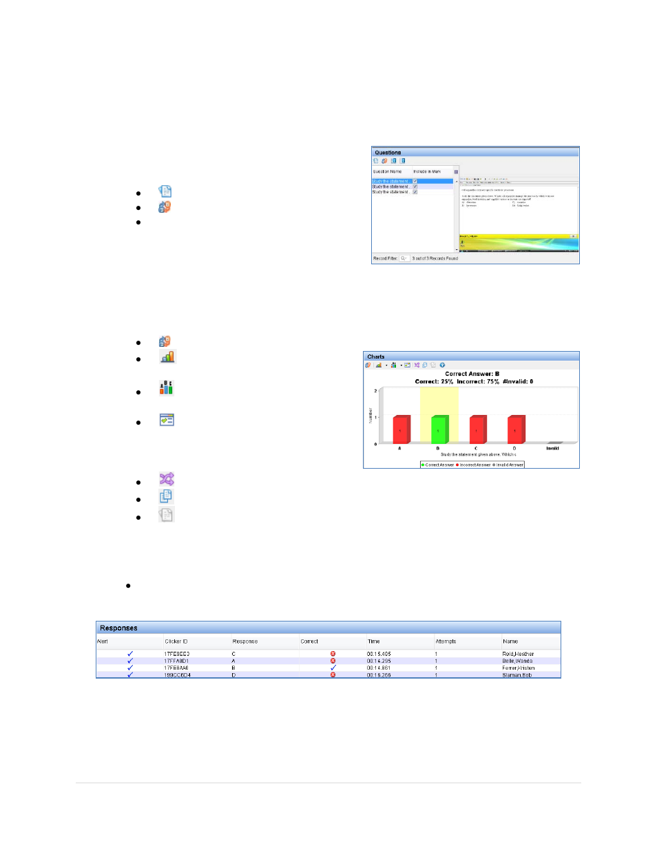 Responses tab, Questions, Charts | Responses | Turning Technologies Response User Manual | Page 68 / 88