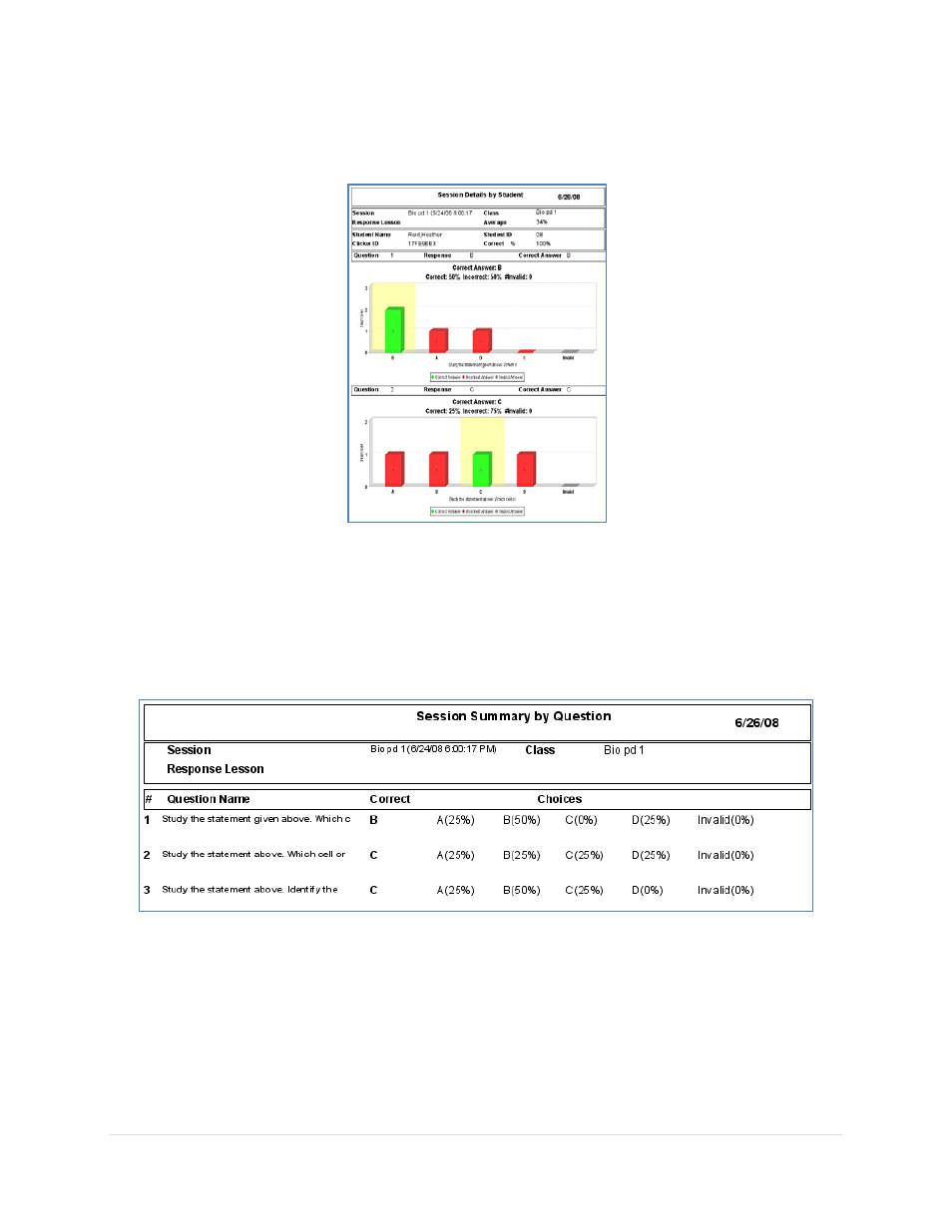 Session details by student, Session summary by question | Turning Technologies Response User Manual | Page 75 / 88