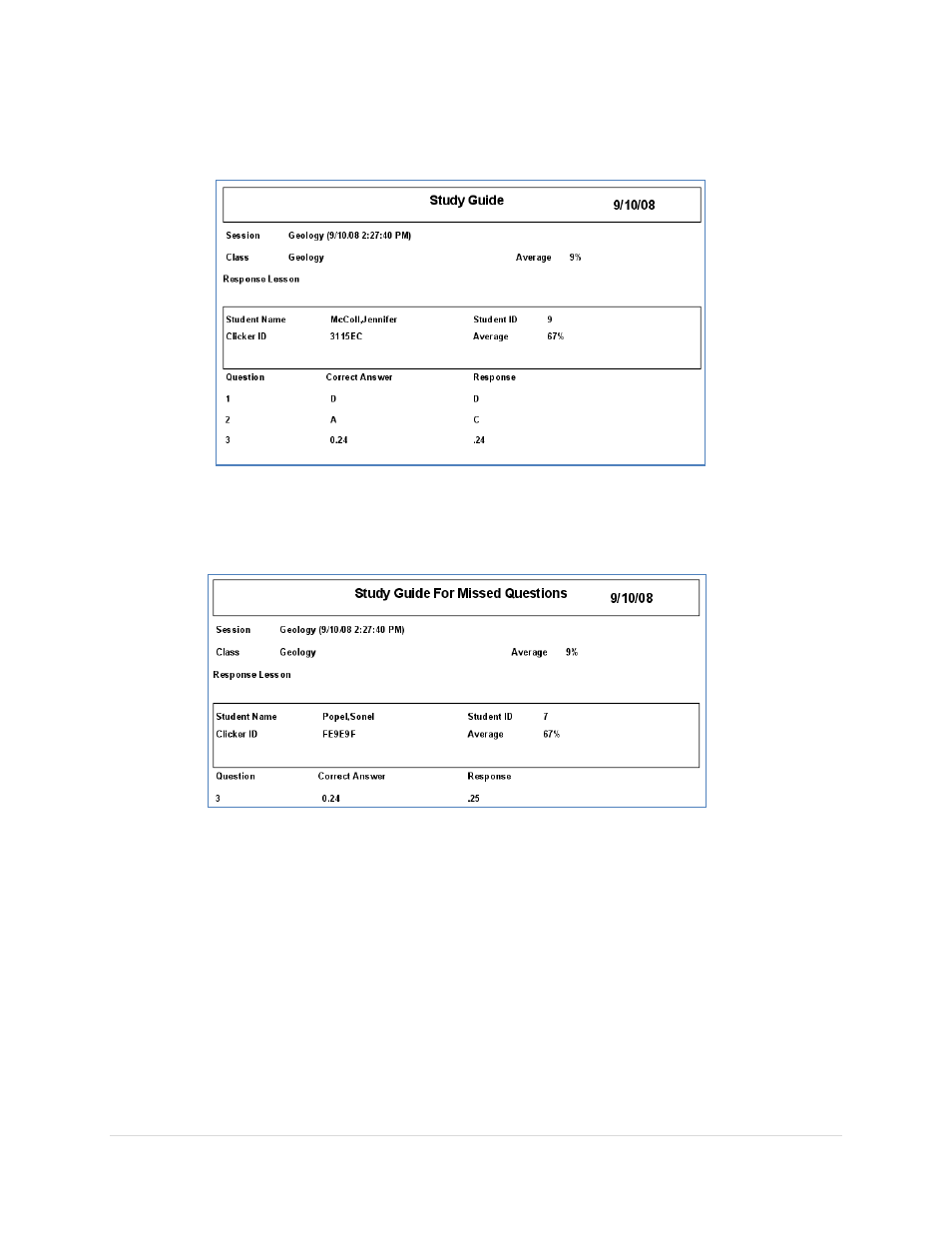 Study guide, Study guide for missed questions, Response lesson reports | Turning Technologies Response User Manual | Page 77 / 88