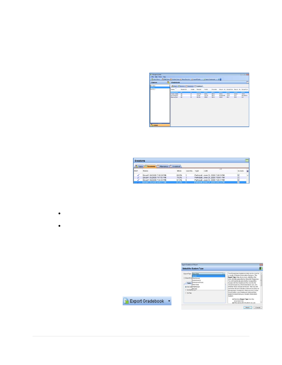 Managing and generating reports for the gradebook, View the gradebook, Delete or exclude a session from the gradebook | Exporting gradebook data | Turning Technologies Response User Manual | Page 84 / 88