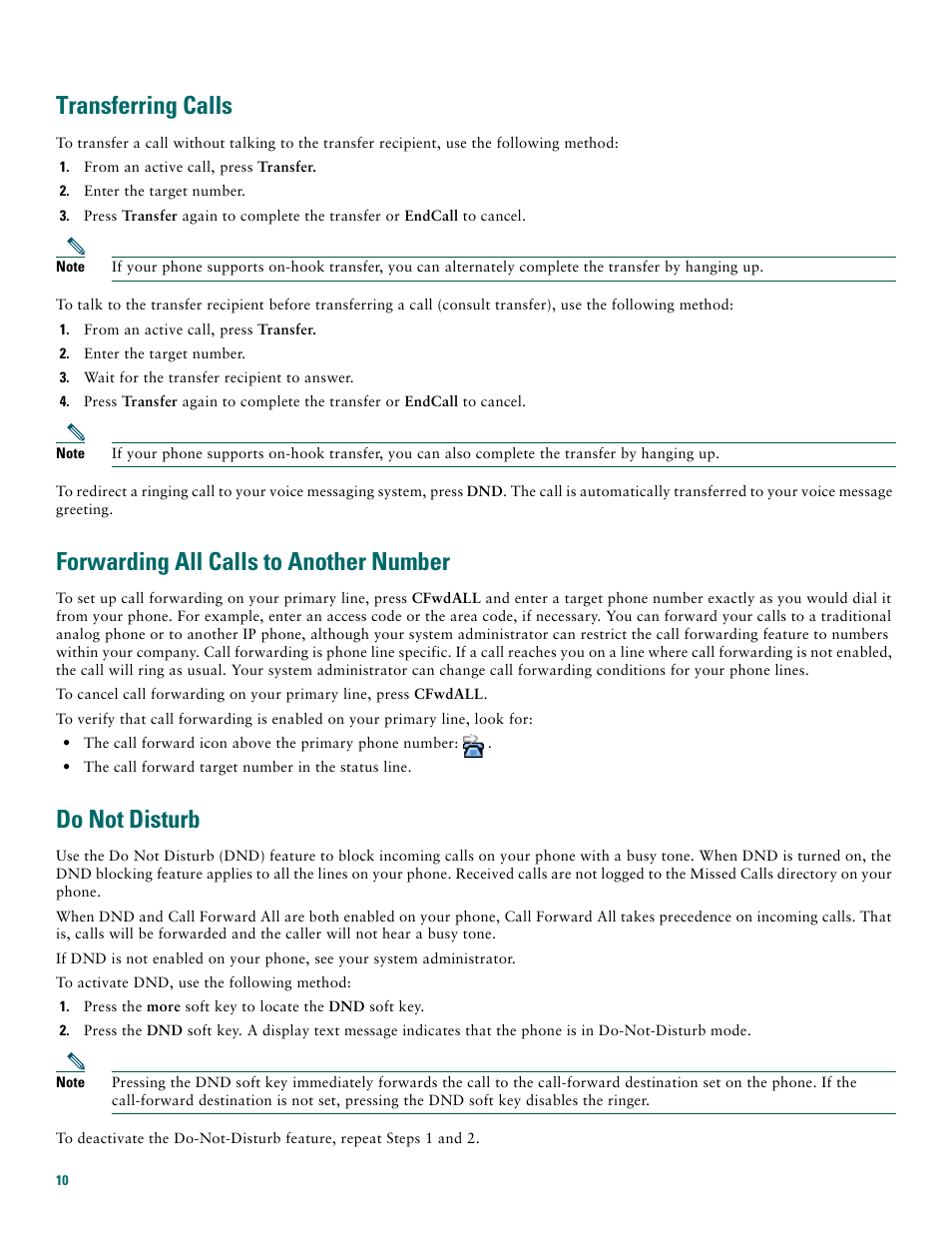 Transferring calls, Forwarding all calls to another number, Do not disturb | Cisco 7970G User Manual | Page 10 / 20