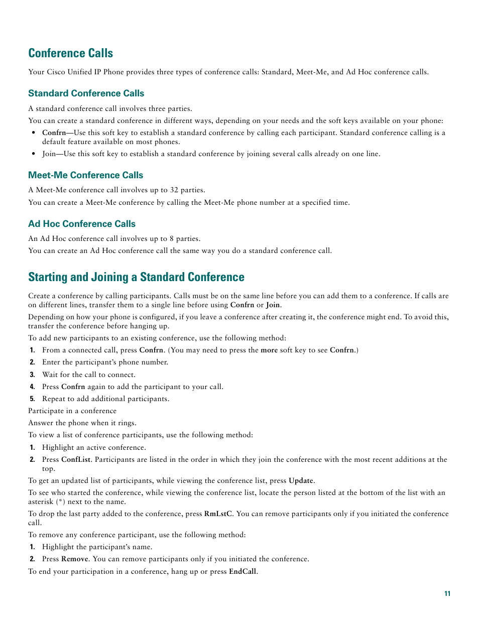 Conference calls, Standard conference calls, Meet-me conference calls | Ad hoc conference calls, Starting and joining a standard conference | Cisco 7970G User Manual | Page 11 / 20