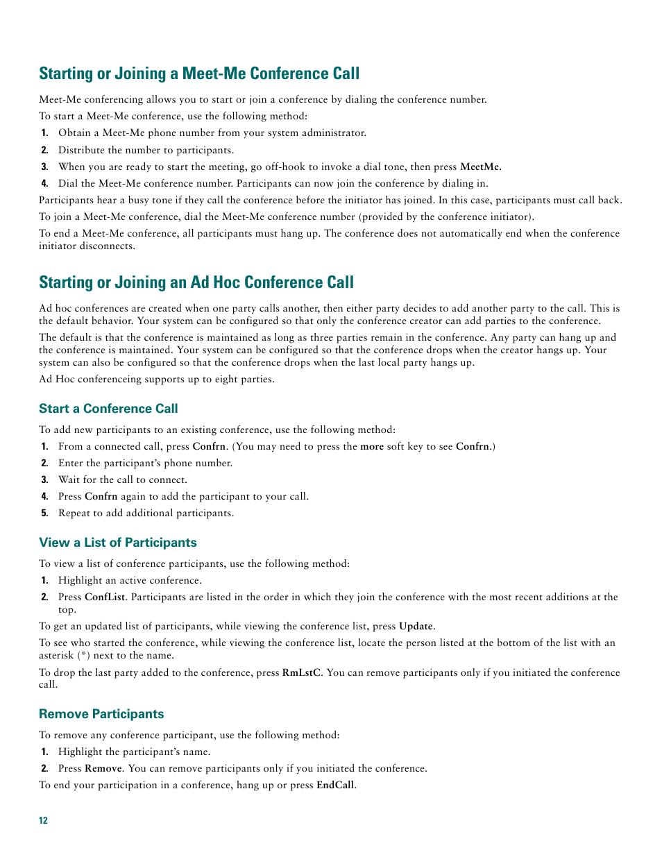 Starting or joining a meet-me conference call, Starting or joining an ad hoc conference call, Start a conference call | View a list of participants, Remove participants | Cisco 7970G User Manual | Page 12 / 20