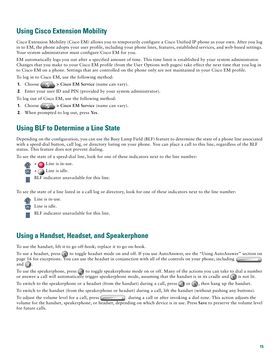 Using cisco extension mobility, Using blf to determine a line state, Using a handset, headset, and speakerphone | Cisco 7970G User Manual | Page 15 / 20