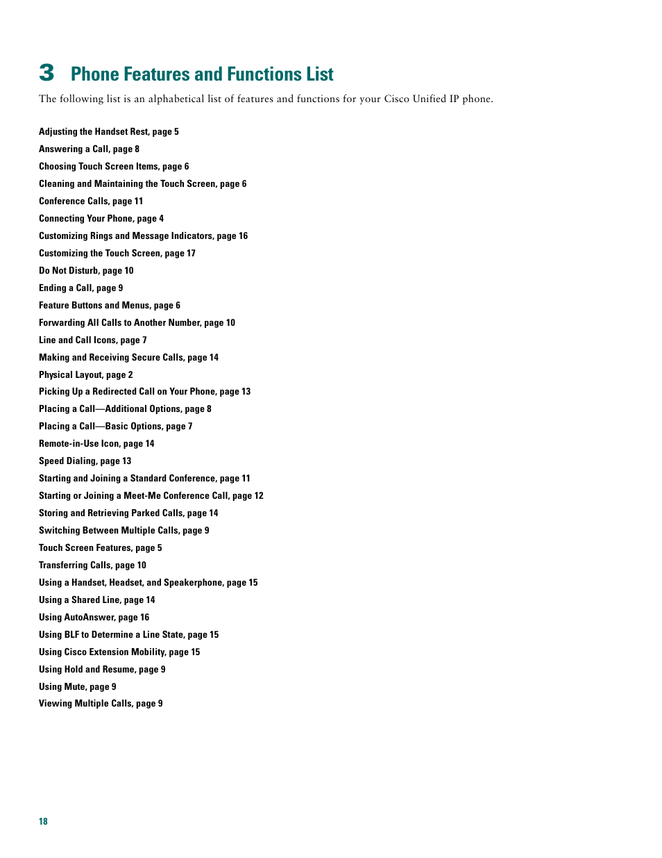 3 phone features and functions list, Phone features and functions list | Cisco 7970G User Manual | Page 18 / 20