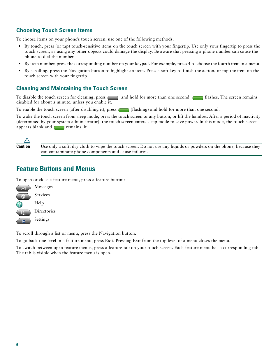 Choosing touch screen items, Cleaning and maintaining the touch screen, Feature buttons and menus | Cisco 7970G User Manual | Page 6 / 20