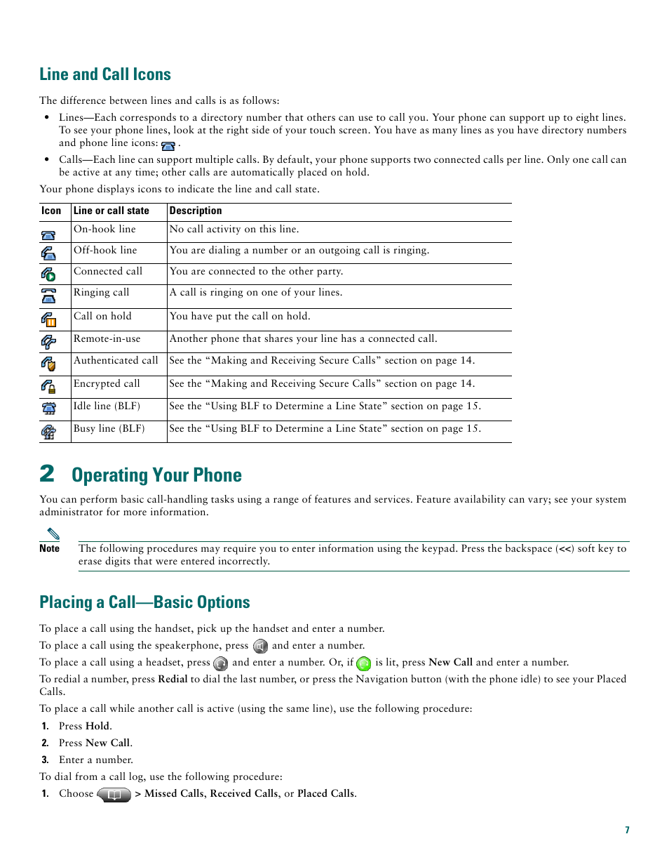 Line and call icons, 2 operating your phone, Placing a call-basic options | Operating your phone, Placing a call—basic options | Cisco 7970G User Manual | Page 7 / 20