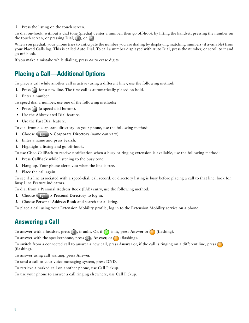 Placing a call-additional options, Answering a call, Placing a call—additional options | Cisco 7970G User Manual | Page 8 / 20