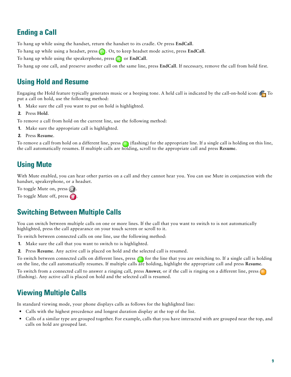 Ending a call, Using hold and resume, Using mute | Switching between multiple calls, Viewing multiple calls | Cisco 7970G User Manual | Page 9 / 20