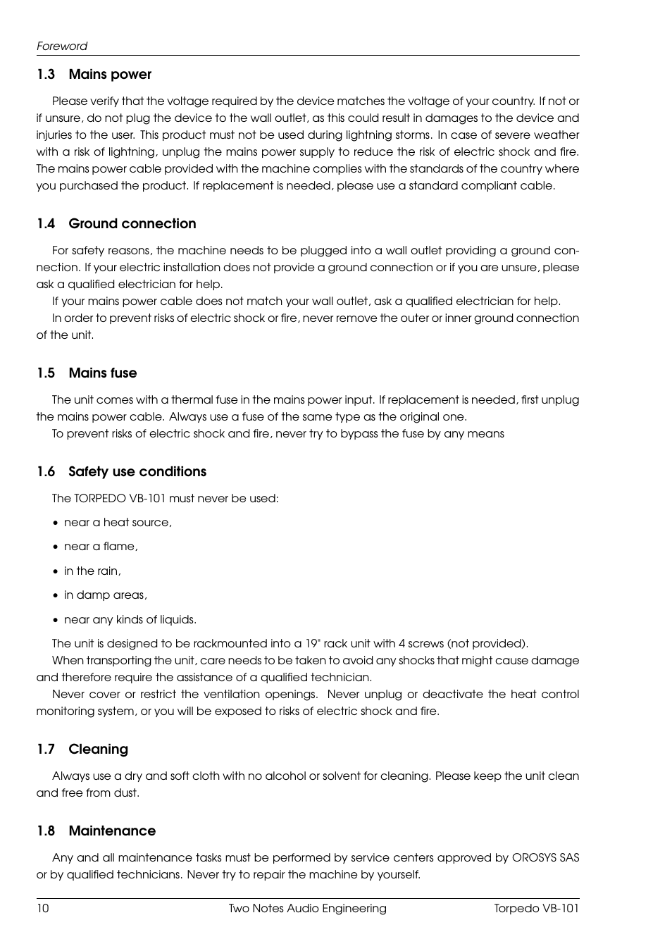 Mains power, Ground connection, Mains fuse | Safety use conditions, Cleaning, Maintenance | Two Notes VB-101 User Manual | Page 10 / 53